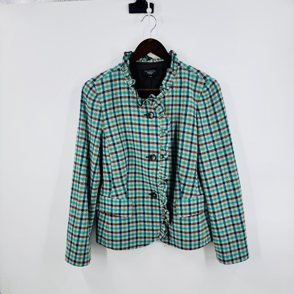 Talbots Blazer Teal Brown Plaid 12P Wool Ruffle Elbow Patch Jacket Equestrian